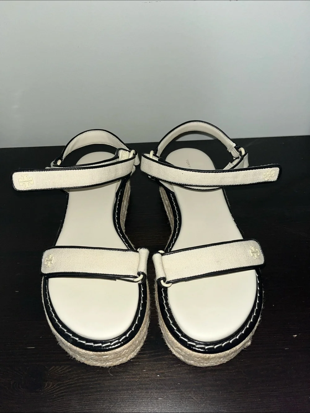 Tory Burch sport Ivory and Black Platform Espadrille Sandals 9.5
